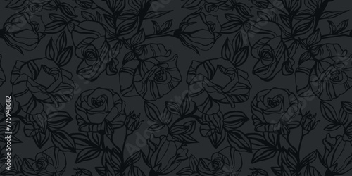 Seamless pattern with rose flowers. Black rose background. Luxury Pattern black rose on grey background. Floral stylish dark background for textile, wrapping, wallpapers, invitation, card, package