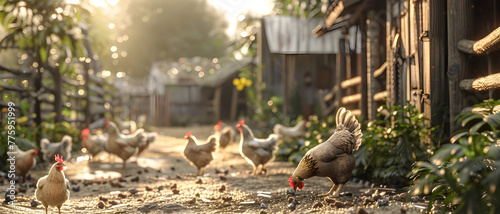 Chickens graze freely in the vibrant farm meadow at sunlight - Ai Generated