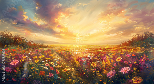 Sunset cascading over a wildflower meadow, executed in an impressionist style, dynamic sky reflects the sun with warm oranges and cool blues