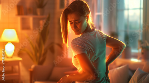 Back pain, A woman massaging her lower back with a pained expression