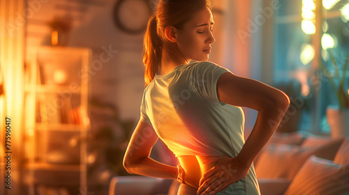 Back pain, A woman massaging her lower back with a pained expression