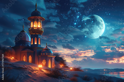 A mosque illuminated by the soft glow of moonlight, surrounded by starry skies and gentle waves in an enchanting night scene. Created with AI