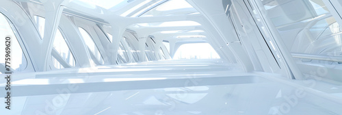 Ein futuristischer weißer Raum mit Glasdachfenstern, Stahlträgern schafft eine geräumige, luftige Atmosphäre.