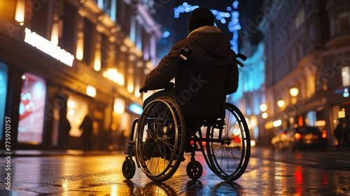 Man on wheelchair cross the road at dusk, Lifestyle living in street transport