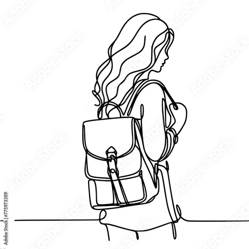 girl standing with backpack, single line vector drawing