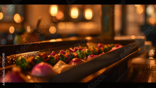 Closeup of vibrant vegetables on a skewer in a dimly lit restaurant