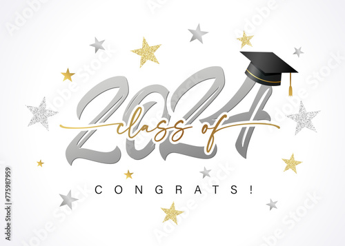 Class of 2024 Congrats, silver logo design, stars and lettering. Class of 2024 number and square academic cap. Vector illustration