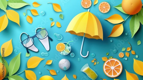 A vibrant summer backdrop featuring an umbrella, a ball, sunglasses, sandals