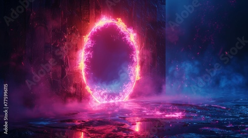 The portal looks realistic, with a level up and teleportation process highlighted by futuristic lighting and a bright wrap atmosphere. The neon energy circles are set off by a modern vertical