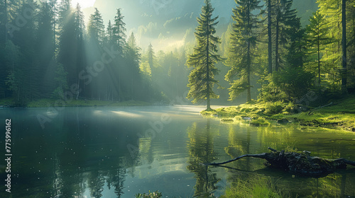 Green fir forest, lake on background, light ray. Generative AI.