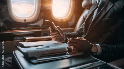 Businessman Managing Work Schedule and Meetings on Smartphone During Air Travel