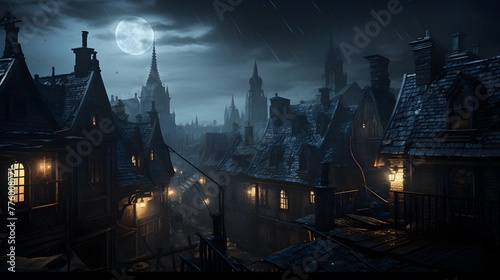 Cityscape of old town at night with moonlight. Panorama