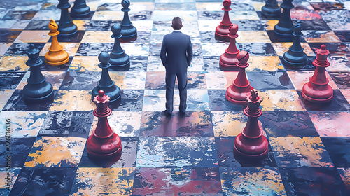 Strategic Business Moves: Businessman making a decisive move with a big chessboard, symbolizing strategic decision-making in business.