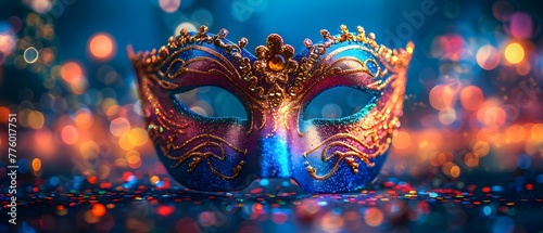 Colorful Mardi Gras mask with glitter bokeh city lights in background Perfect for carnival party celebration. Concept Mardi Gras Inspired Photoshoot, Glitter Bokeh City Lights