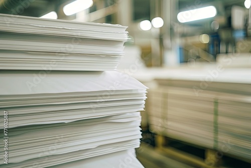 Stack of freshly produced paper sheets in a paper mill