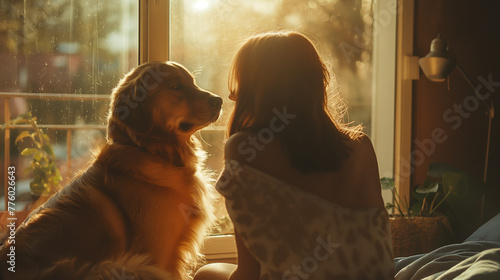 the comfort of their apartment, a young woman and her golden retriever bask in the glow of companionship and affection. With the woman's back facing the viewer, she shares a quiet moment