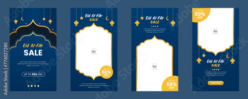 a set of Eid al-Fitr sale social media stories template promotion design for business or company. blue background with a golden accent. dark blue gradient background