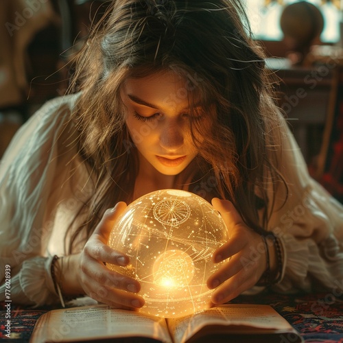 Mystic gazing into a crystal ball star charts and astrology symbols surrounding