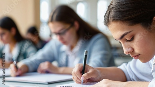 a student diligently writing answers in an exam hall, with a softly blurred background emphasizing the focused concentration and academic atmosphere.