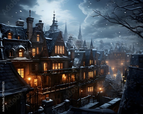 Snowy winter city panorama. Old european architecture.