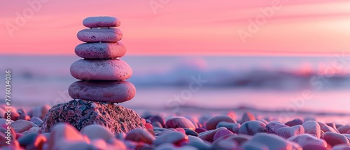 A concept of harmony and balance. Scales representing rock zen. A balance stone against the sea.