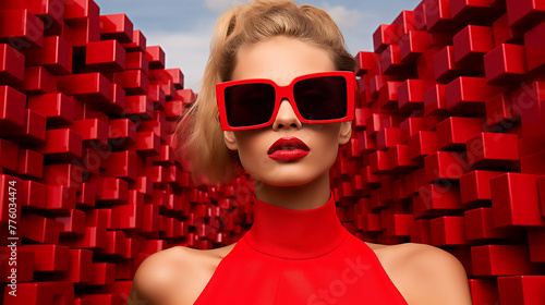 a model wearing orange sunglasses in a field of red blocks, in the style of bold and graphic compositions, bold fashion photography