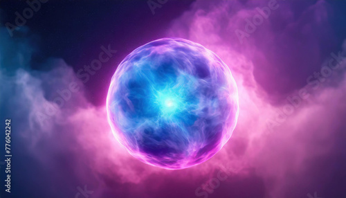 Abstract magical round energy sphere. Glowing ball. Neon blue and pink clouds on backdrop.