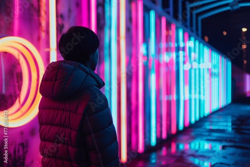 A solitary figure is seen immersed in contemplation of striking neon light installations
