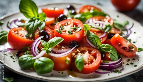 healthy tomato salad with onion basil olive oil and balsamic vinegar 
