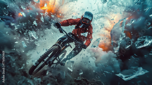 a mountain biker from another dimension driving through a cloud of flying sharp glass shards,generative ai