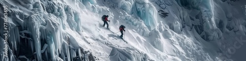 team of adventurers braving harsh glacier conditions on ascent