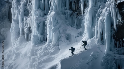 alpine climbers roped together against a dramatic icy mountain backdrop