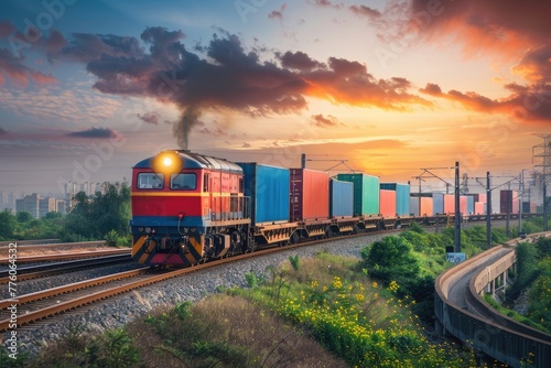 Sunset rays casting over a busy cargo train yard with colorful containers, showcasing urban transportation and logistics.