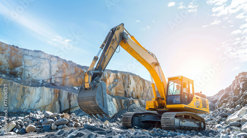 A yellow and black construction machine is digging into a pile of rocks. The machine is large and powerful, and it is surrounded by a rocky landscape. Concept of hard work and determination