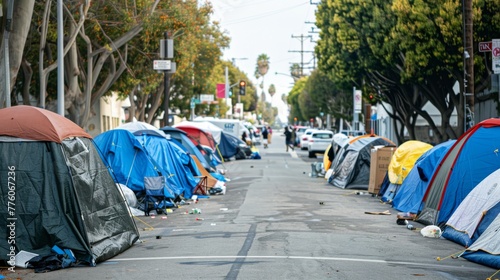 Homeless tent camp set up along a busy urban street, with makeshift tents and shelters made from tarps and cardboard