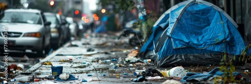 Homeless person's tent pitched on a sidewalk, surrounded by trash and discarded items