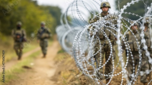 Armed military and border guards stand along the border with barbed wire