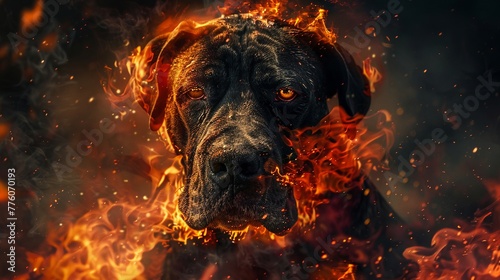 Charred hell dog, emerging from flames, grim and foreboding dark realm , sci-fi tone, technology