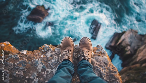 Overcoming Fear. Macro Shot of Feet on Cliff Edge Above Vast Sea