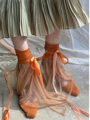 Ballet Slippers in Motion, close-up of ballet slippers wrapped in orange ribbons, mid-twirl, showcasing grace and artistry.