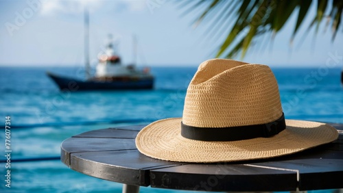 banner, beach, sea beach hat on the background of the sea