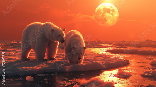 Polar bear family against a sci-fi backdrop with red hues and fantastical moon.