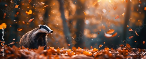 European badger standing in the autumn forest with leaves falling down from the trees. 