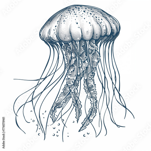 jellyfish in the sea graphic engraving on a white background. Pen and Ink Jellyfish Vintage Illustration.