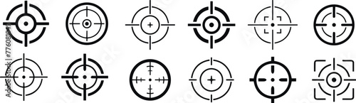 Different icon set of targets and destination. Target and aim, targeting and aiming. Crosshair, gun sight vector icons. Bullseye, black target or aim symbol. Military rifle scope, shooting mark