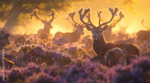 A herd of red deer stags in the heather at sunset, in France's Forest. The photo captures their majestic presence amidst the vibrant purple and pink hues of autumnal flowers