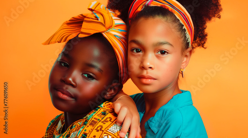couple of happy african children on orange background