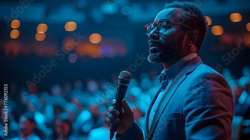 A man stands on stage holding a microphone, speaking to an audience. He is wearing a suit and glasses. The stage is dark, but the area around the man is lit up