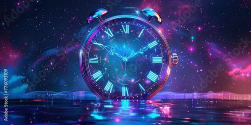 giant neon clock with roman numbers, space background, concept of abstract time