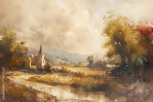 Vintage Church Painting - beautiful Landscape and neutral colors